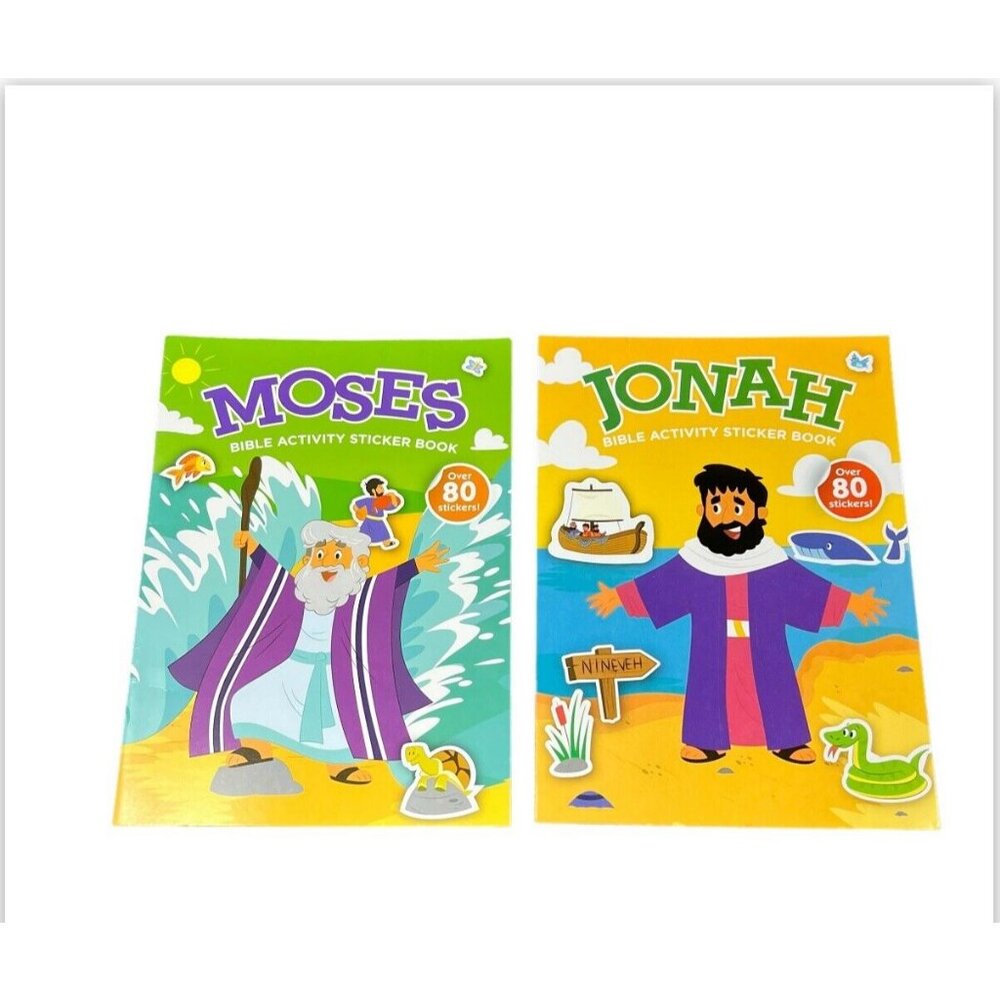Kids Moses Jonah Bible Activity Sticker Books 80+ Stickers Fun Set Of 2 NEW